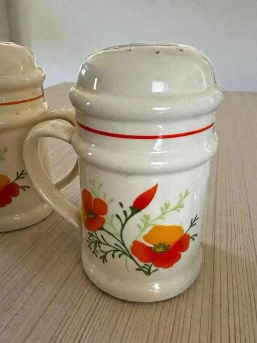 Salt & Pepper Shakers: Vintage California Poppy Stoneware (1970s Boho Style)